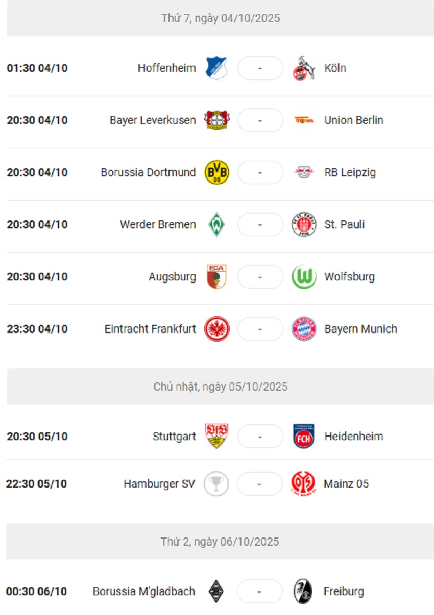 Lich thi dau Bundesliga 2025/26 vong 6