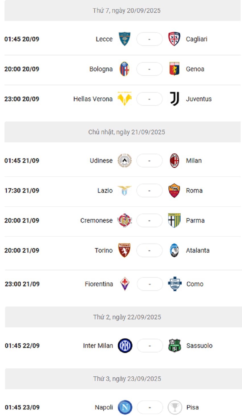 Lich thi dai Serie A 2025/26 vong 4