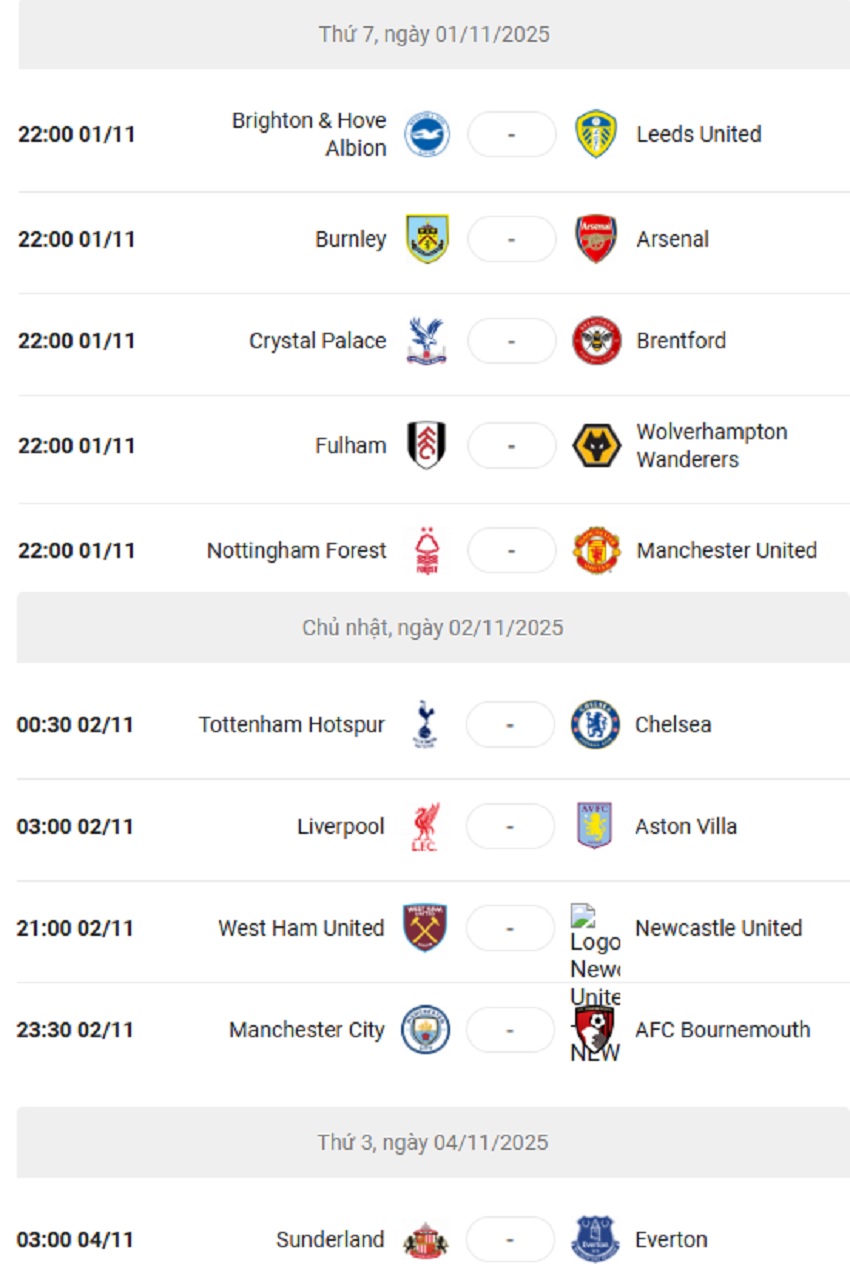 Cập nhật lịch thi đấu bóng đá vòng 10 NHA 2025/26 Lich thi dau vong 10 NHA 2025/26